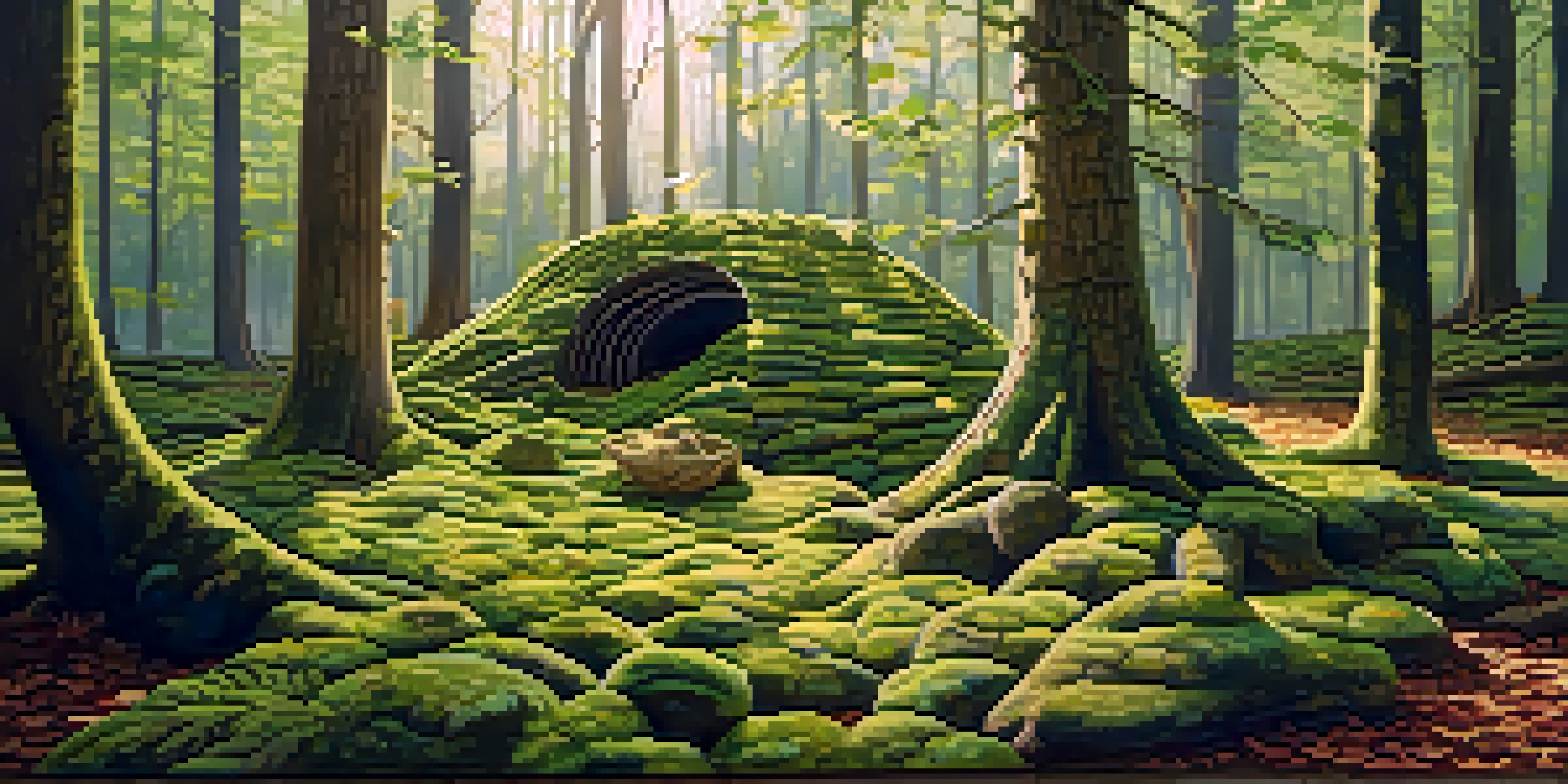 A peaceful forest scene made of recycled materials with sunlight filtering through the trees, highlighting intricate sculptures and vibrant moss.