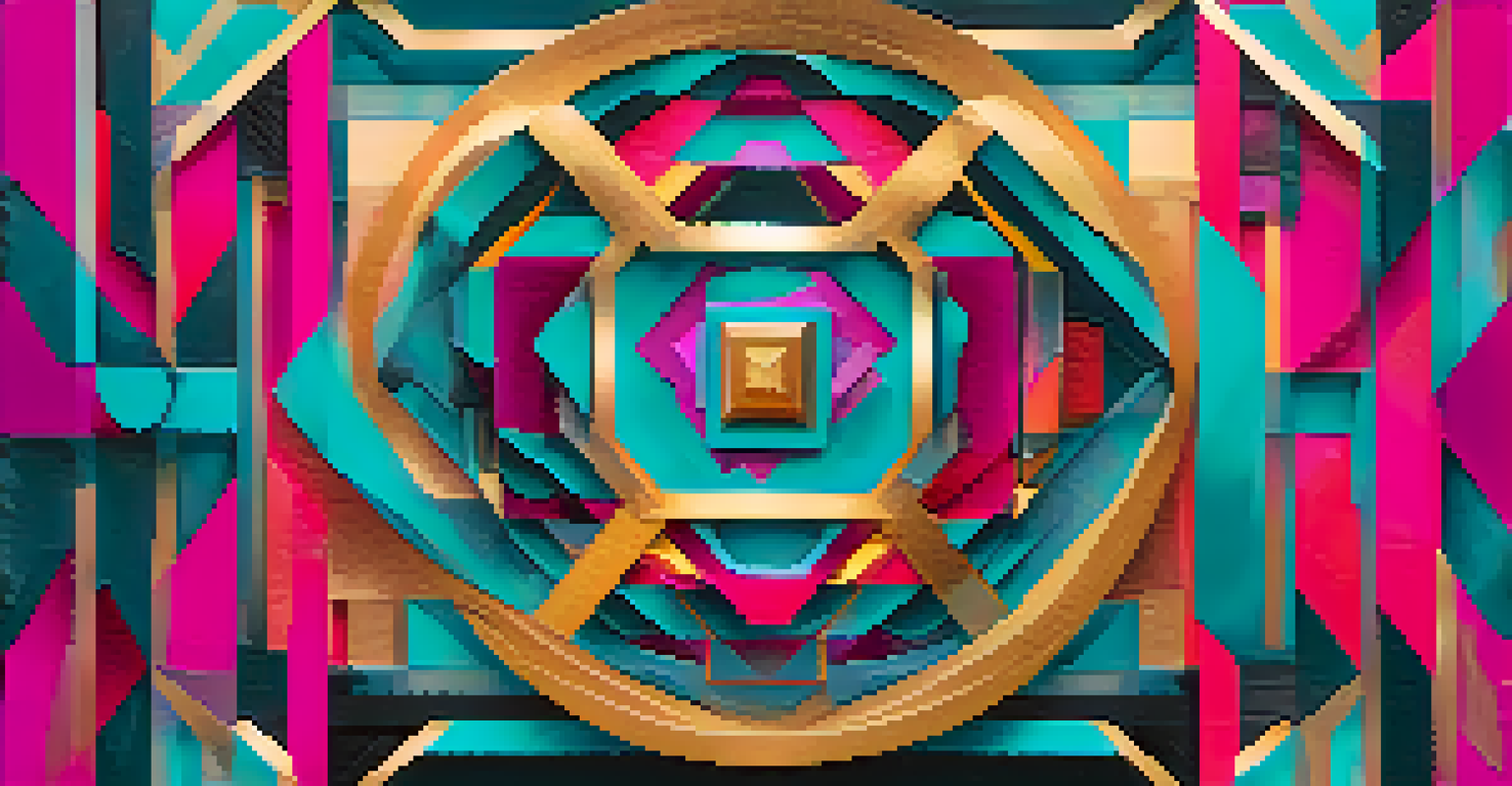 An abstract generative art piece with bright colors and geometric shapes that evolve in real-time, showcasing the fusion of coding and art.