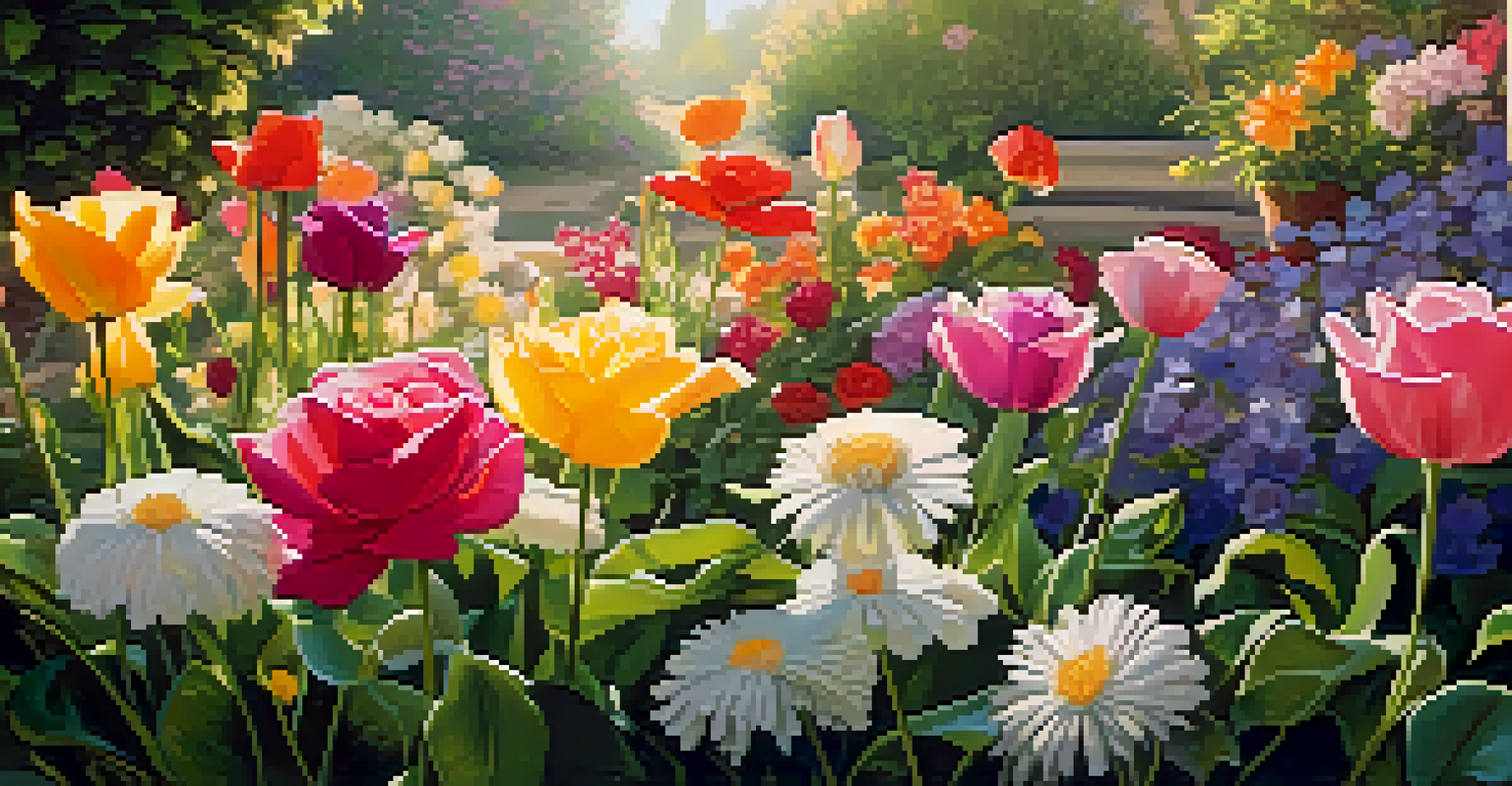 A close-up of a colorful flower garden with blooming roses, daisies, and tulips, illuminated by soft sunlight, showcasing the delicate textures.