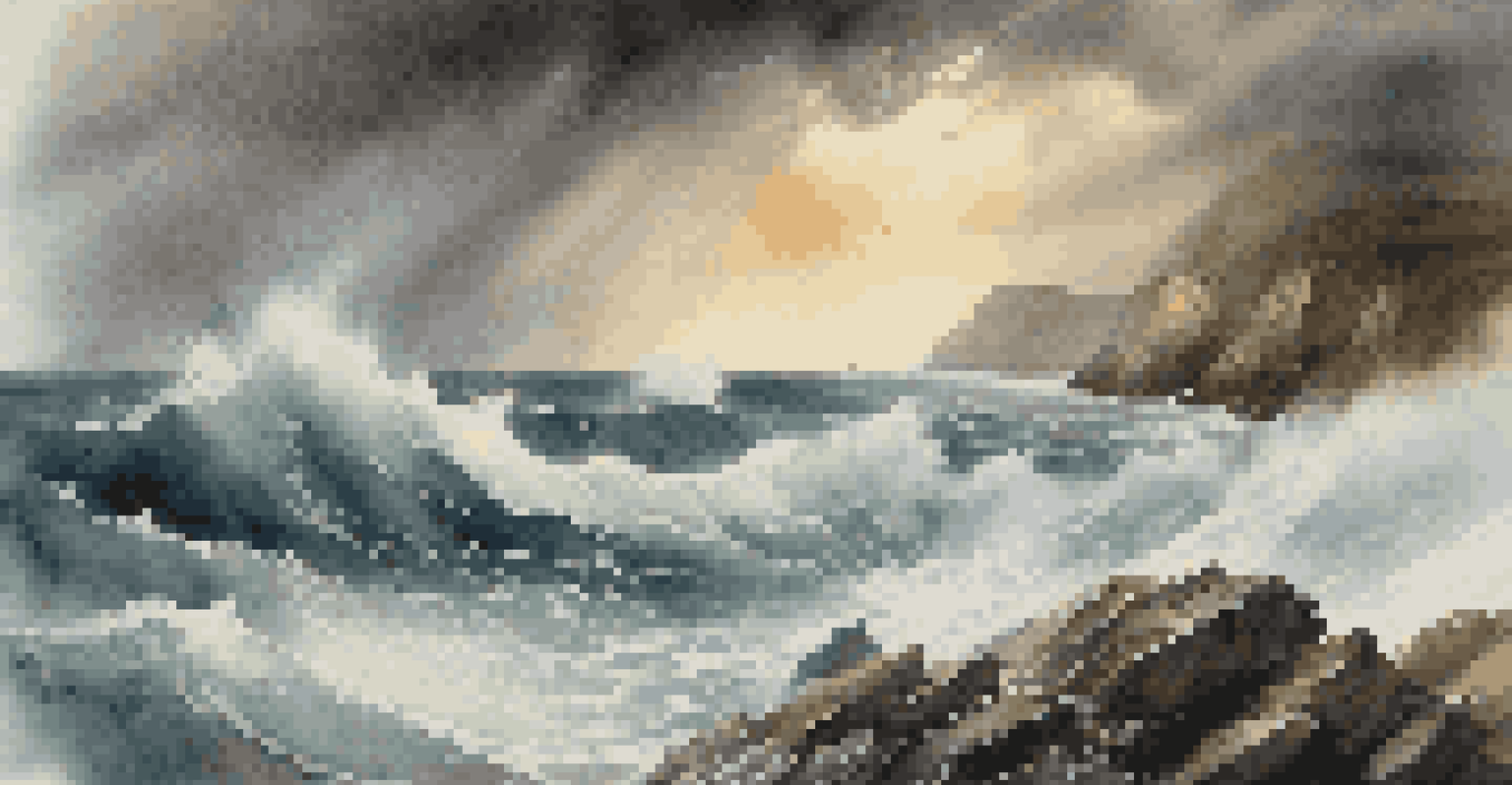 A dramatic seascape with crashing waves against cliffs under a stormy sky, with sunlight breaking through the clouds.