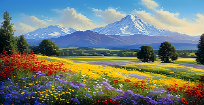 A tranquil field filled with colorful wildflowers under a bright blue sky, with distant mountains in the background.