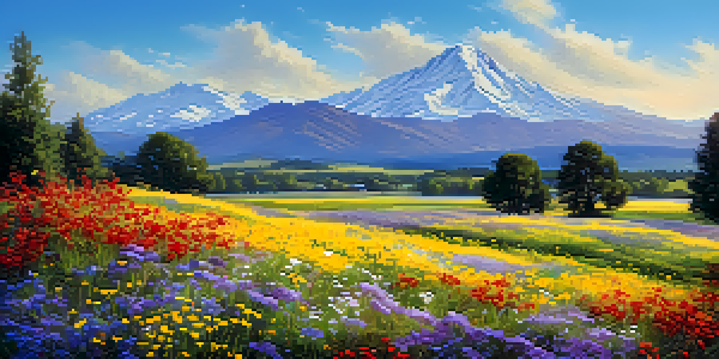 A tranquil field filled with colorful wildflowers under a bright blue sky, with distant mountains in the background.