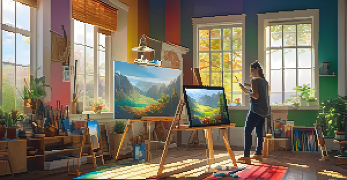 A digital art studio with an artist painting on a canvas, surrounded by colorful art supplies and sunlight streaming through the windows.