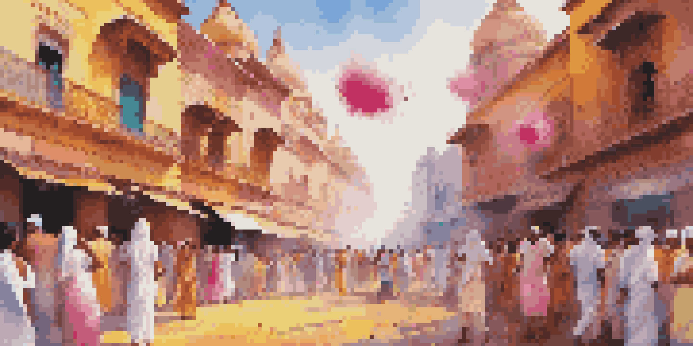 A lively street scene during the Holi festival with people throwing colorful powders, traditional architecture in the background, and bright sunlight creating playful shadows.