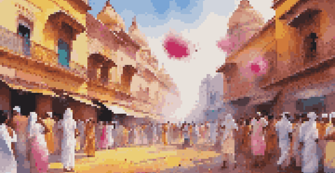 A lively street scene during the Holi festival with people throwing colorful powders, traditional architecture in the background, and bright sunlight creating playful shadows.