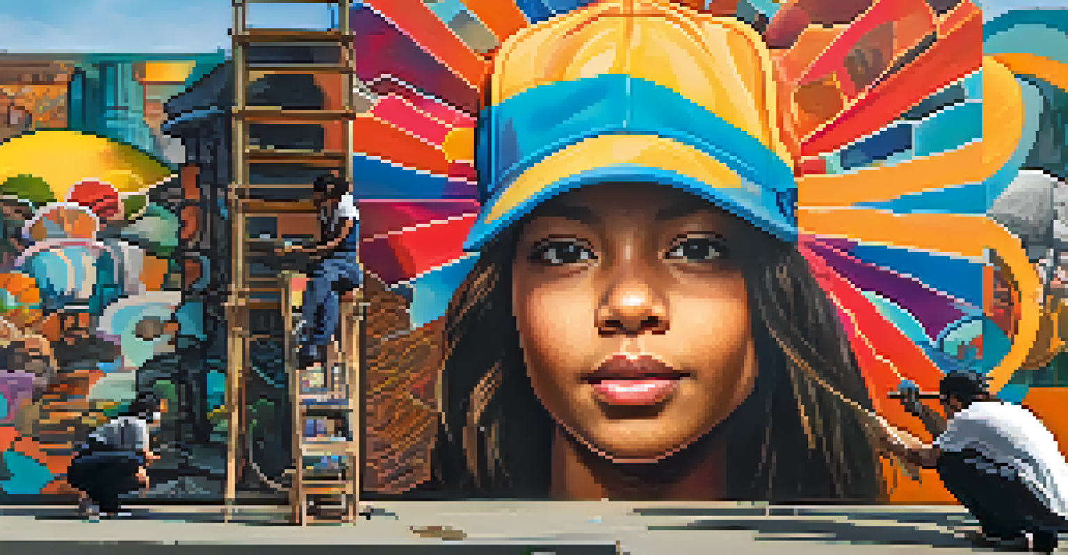 A street artist, a young woman in a colorful cap, spray painting a mural, with a city street and onlookers in the background under a golden sunset light.