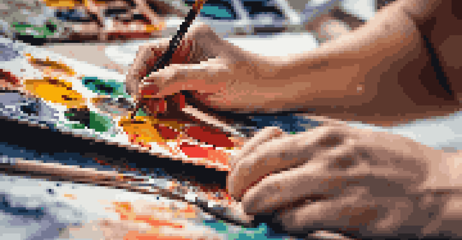 Close-up of a young artist's hands painting on a canvas, surrounded by vibrant colors and art supplies.