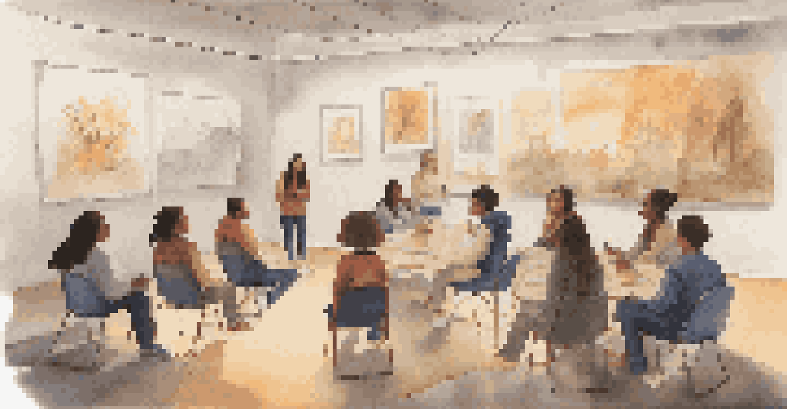 Students in a classroom sharing personal stories through art, engaged in empathetic listening under warm lighting.