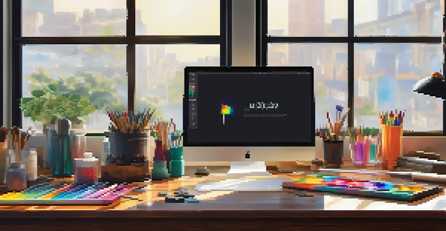 An artist's workspace with a digital tablet showcasing colorful artworks, natural light streaming in from a window.