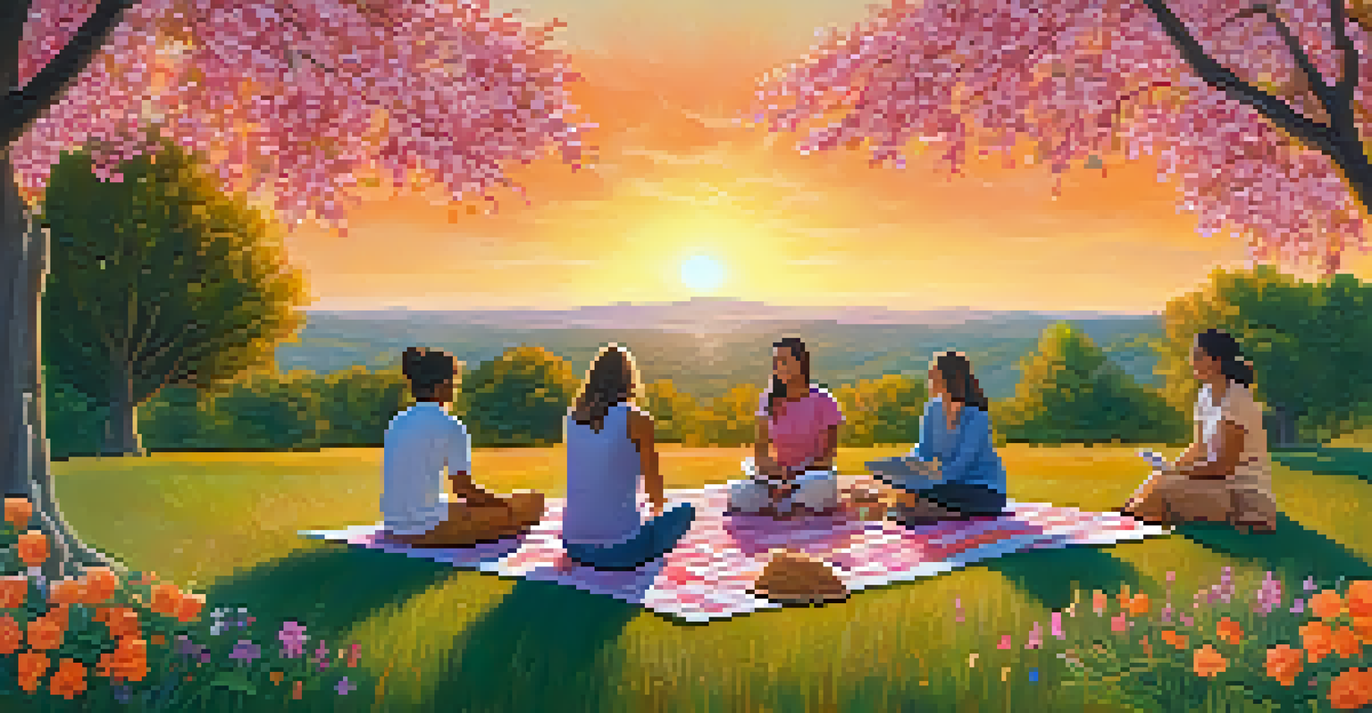 Participants in an outdoor art therapy workshop sitting on picnic blankets surrounded by trees and flowers, with a sunset sky.