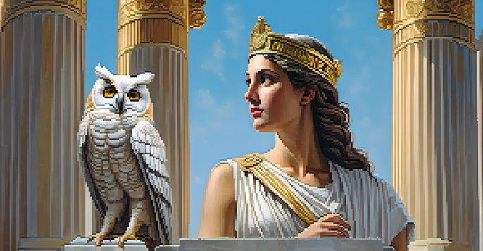 A portrait of Athena, the Greek goddess, with a laurel wreath and an owl, in a grand temple setting.
