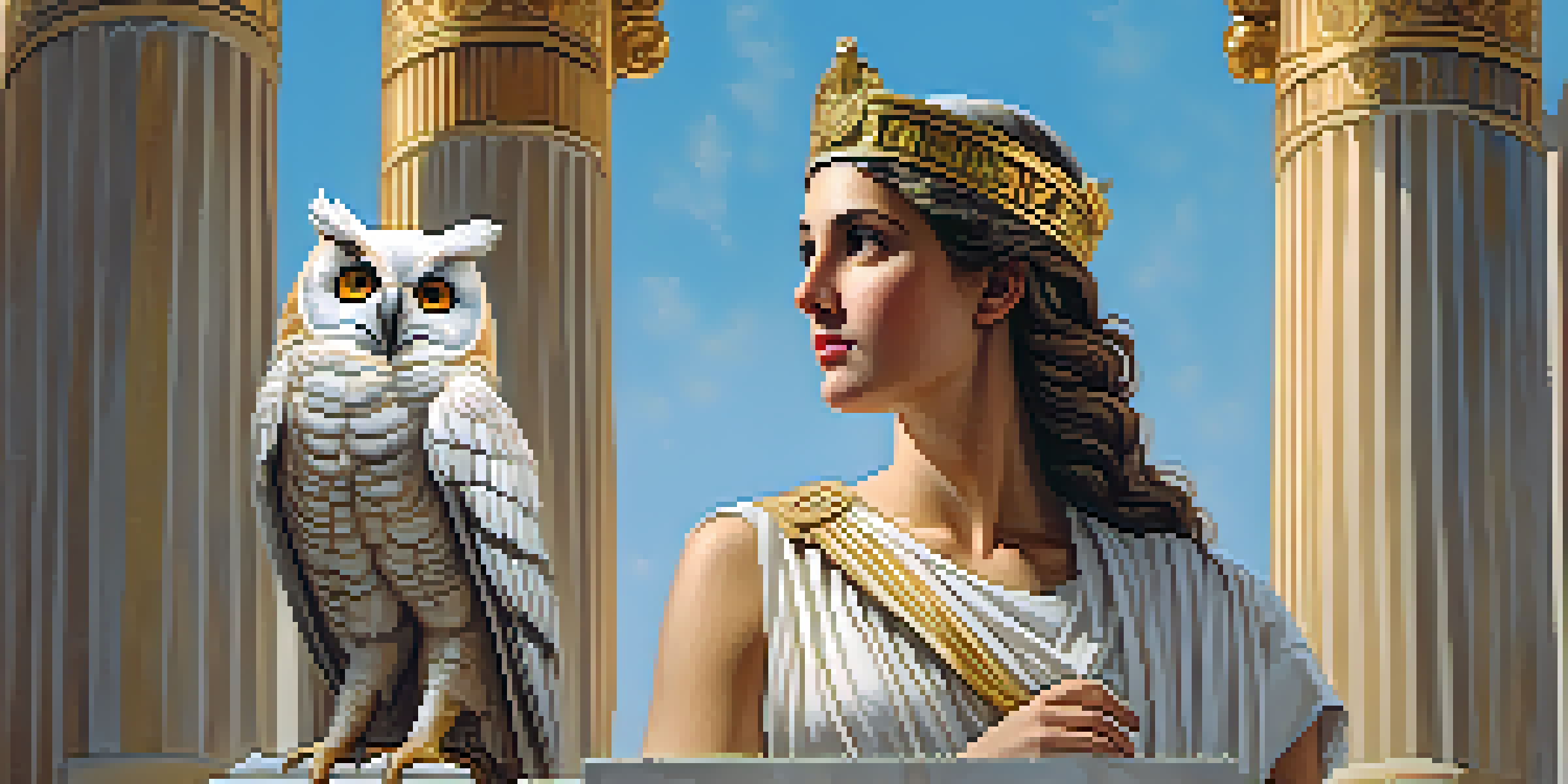 A portrait of Athena, the Greek goddess, with a laurel wreath and an owl, in a grand temple setting.
