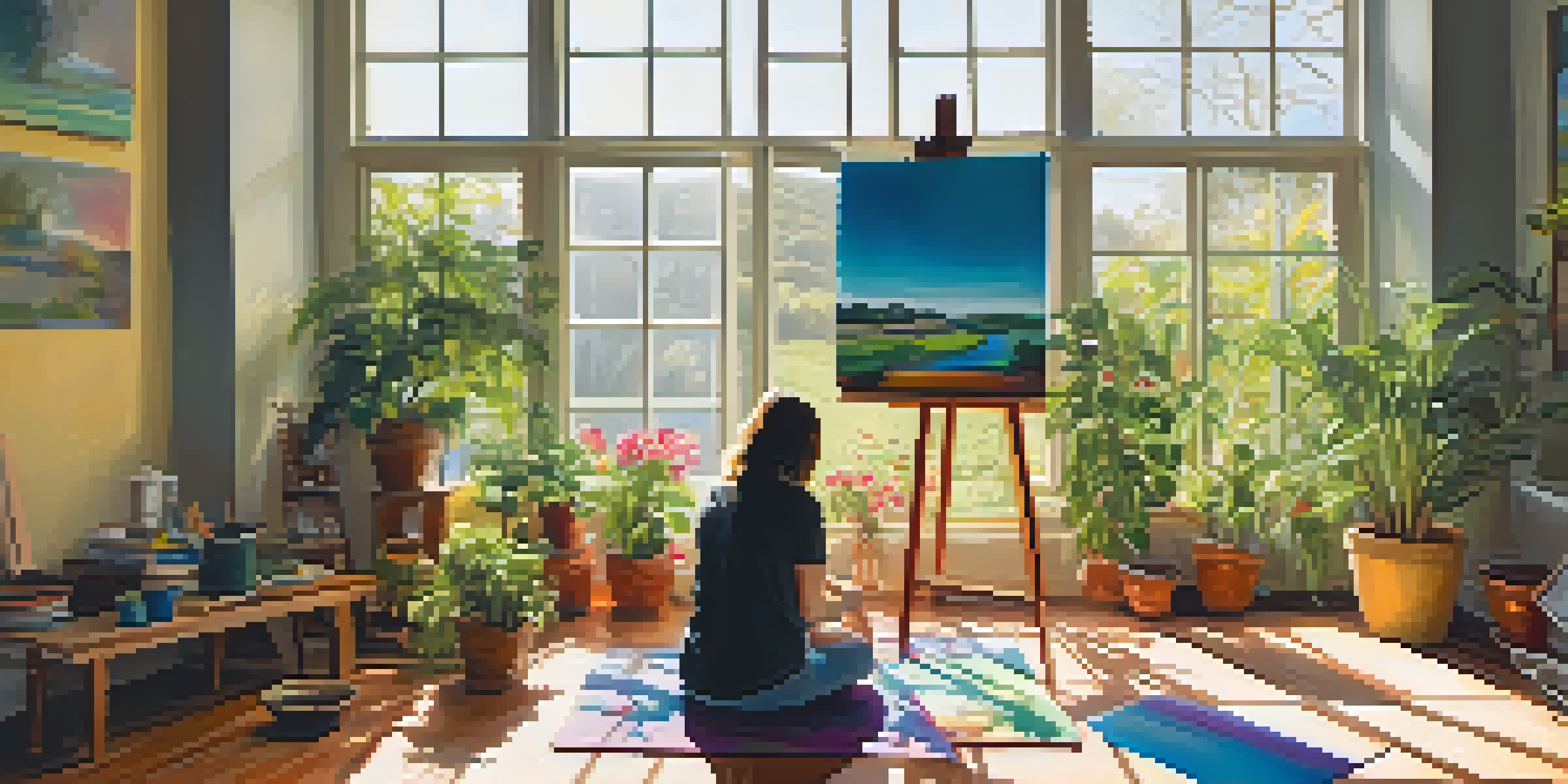 A person sitting on a wooden floor in a sunlit room, painting on a canvas surrounded by plants and art supplies.