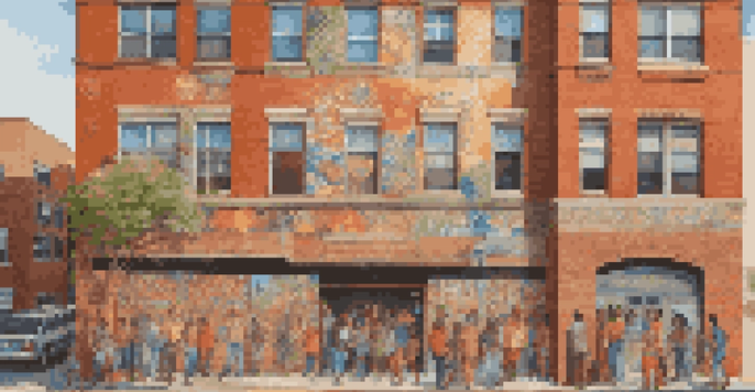 A colorful mural depicting diverse community members and cultural symbols on a brick wall in an urban area, illuminated by afternoon sunlight.