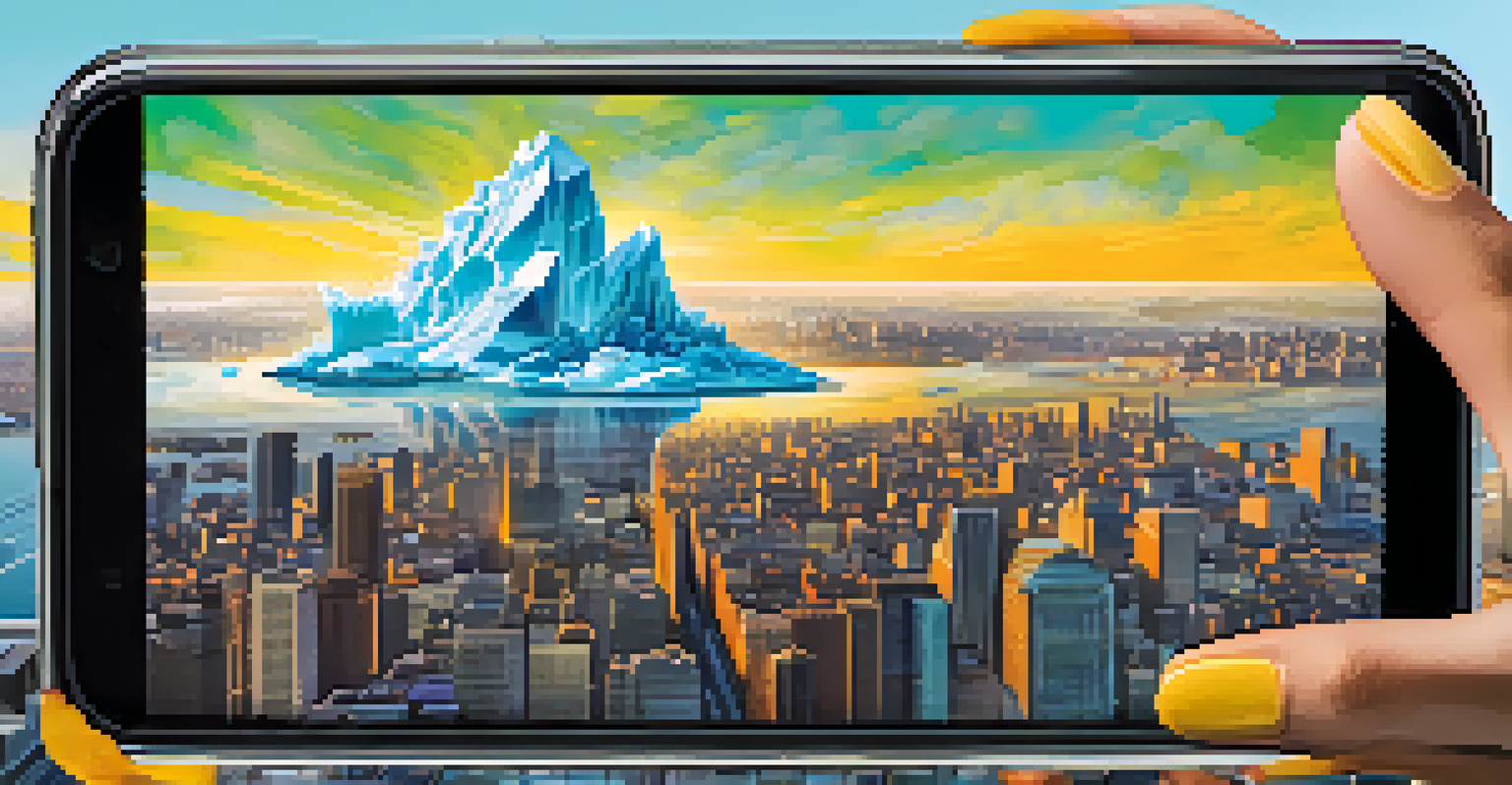 A digital illustration on a smartphone depicting climate change with a melting iceberg and city skyline.