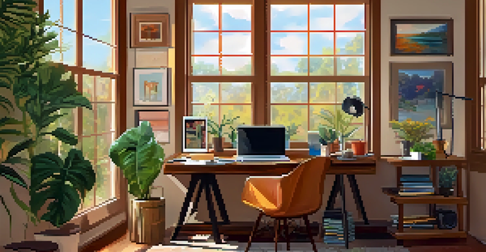 A bright and welcoming home office with a desk, laptop, art supplies, colorful artwork on the walls, and a potted plant.