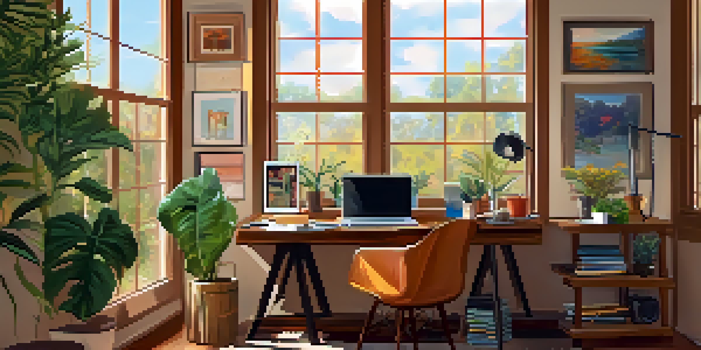 A bright and welcoming home office with a desk, laptop, art supplies, colorful artwork on the walls, and a potted plant.