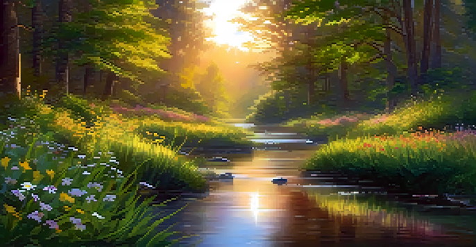 A tranquil forest scene at dawn, with sunlight filtering through green leaves and a stream reflecting the sunrise colors.