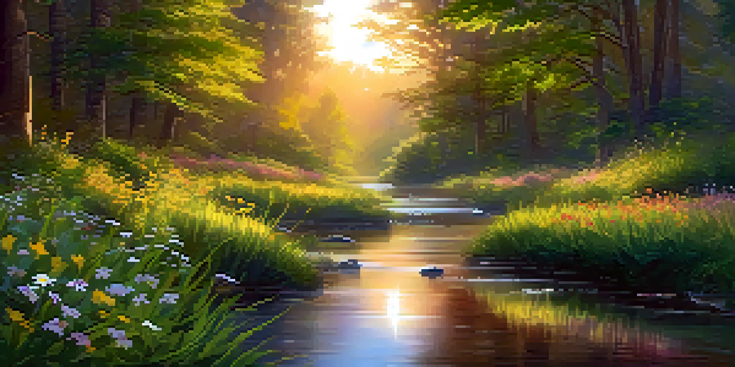 A tranquil forest scene at dawn, with sunlight filtering through green leaves and a stream reflecting the sunrise colors.