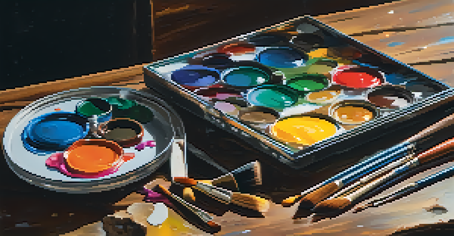 A close-up of a paint palette with vibrant colors and brushes on a wooden table.