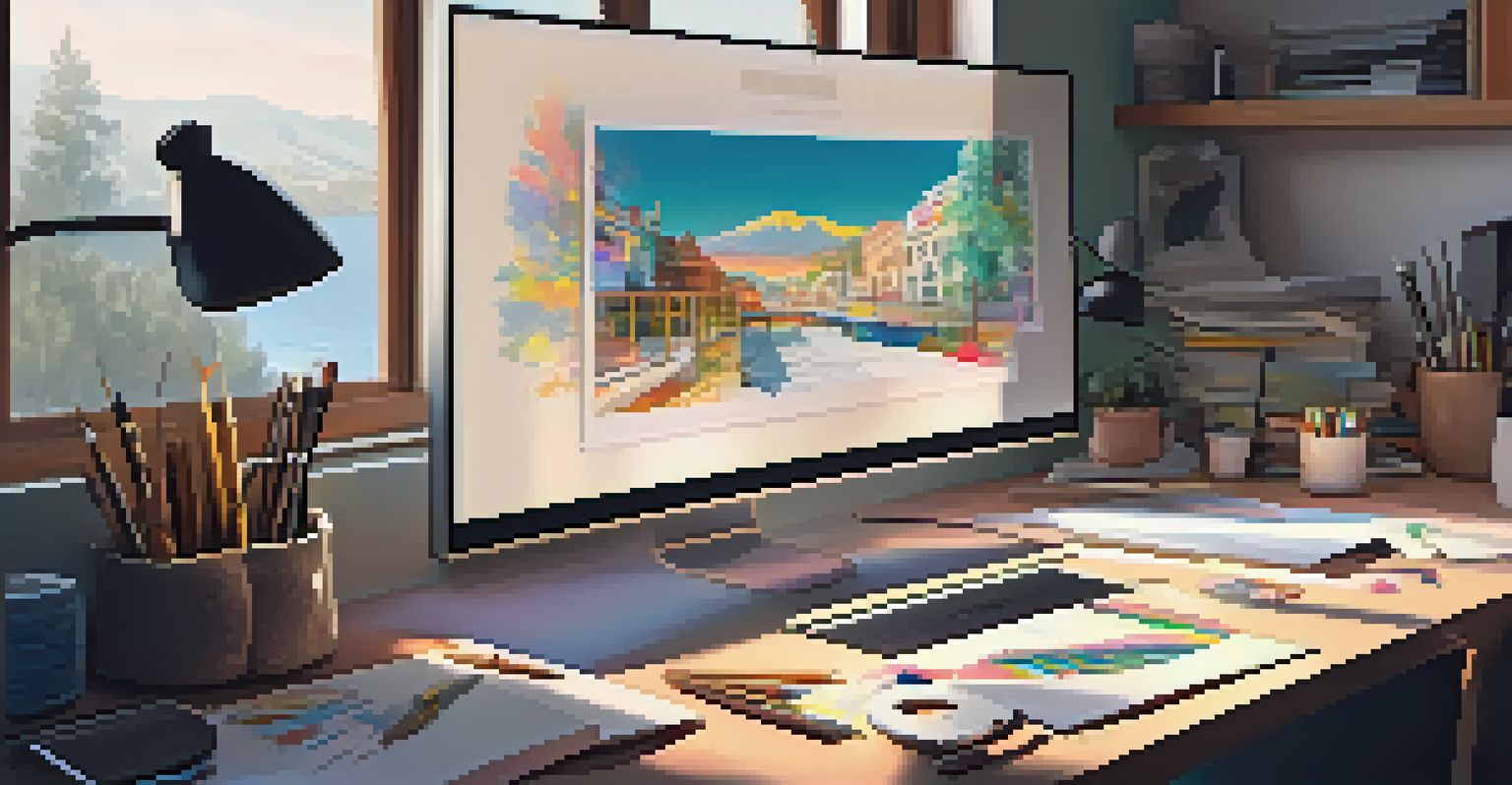 An artist's workspace with a graphic tablet, sketches, and digital artwork on a computer.