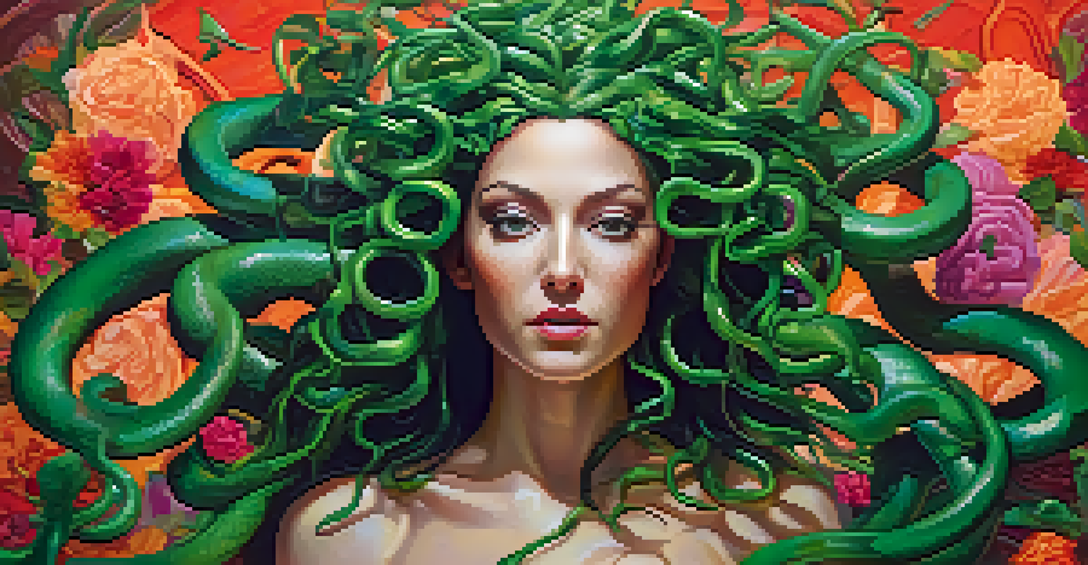A modern artistic representation of Medusa, featuring bright colors and a strong expression, surrounded by flowers.