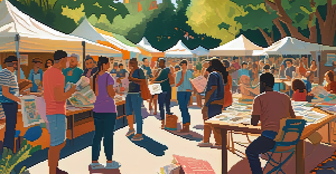 A lively zine festival with diverse attendees exchanging handmade zines at colorful tables under sunny trees.