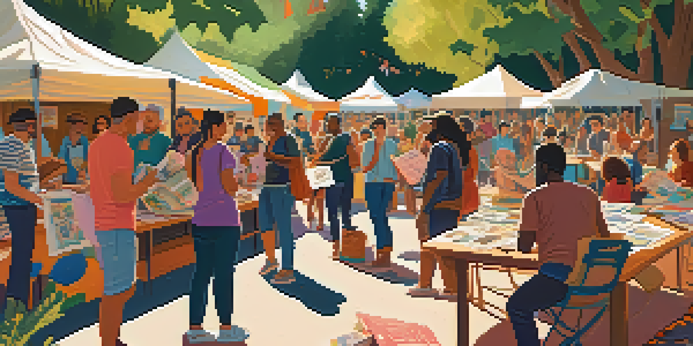 A lively zine festival with diverse attendees exchanging handmade zines at colorful tables under sunny trees.