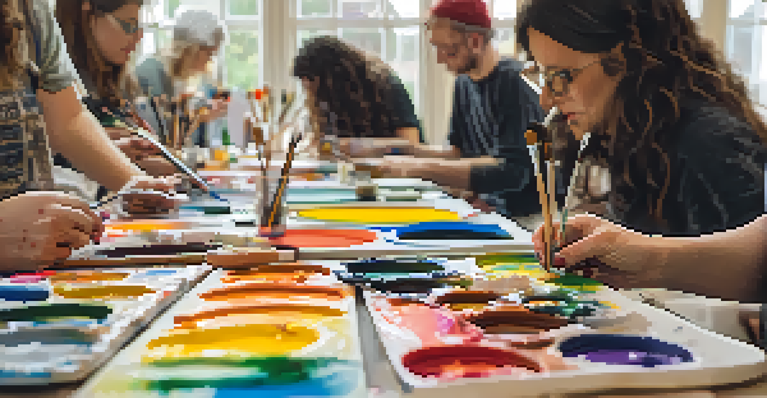 A close-up view of an art workshop with participants creating colorful artworks, surrounded by paint, brushes, and canvases.