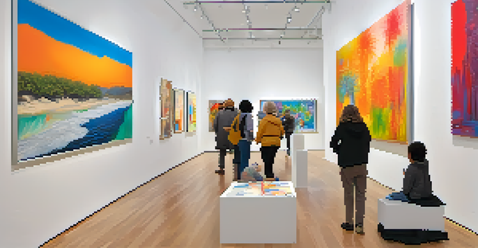 A contemporary art gallery with colorful paintings and sculptures, filled with diverse visitors admiring the artworks.