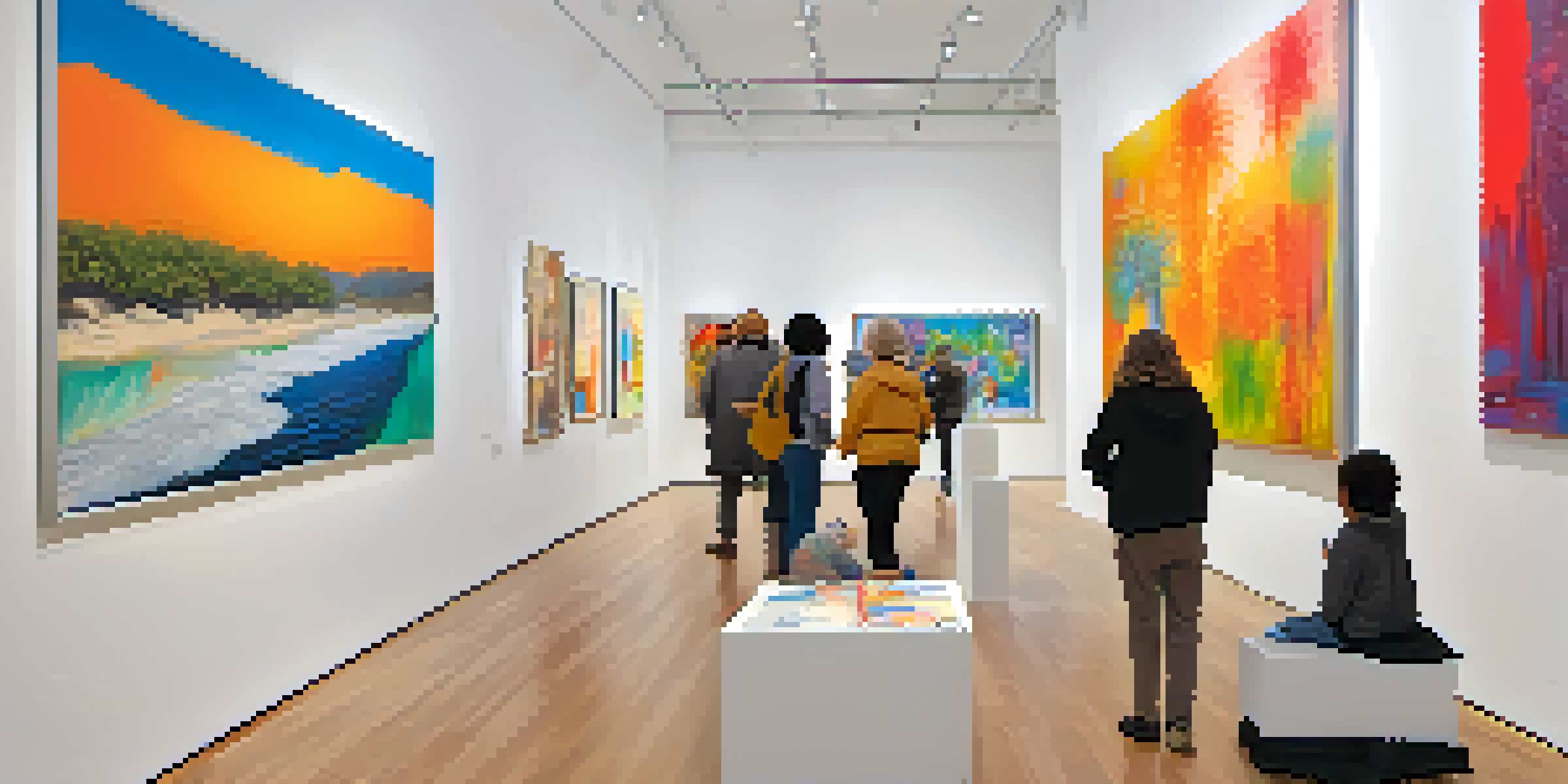 A contemporary art gallery with colorful paintings and sculptures, filled with diverse visitors admiring the artworks.