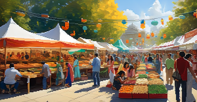 A lively food festival featuring diverse stalls with various cuisines, people enjoying food, and colorful decorations.