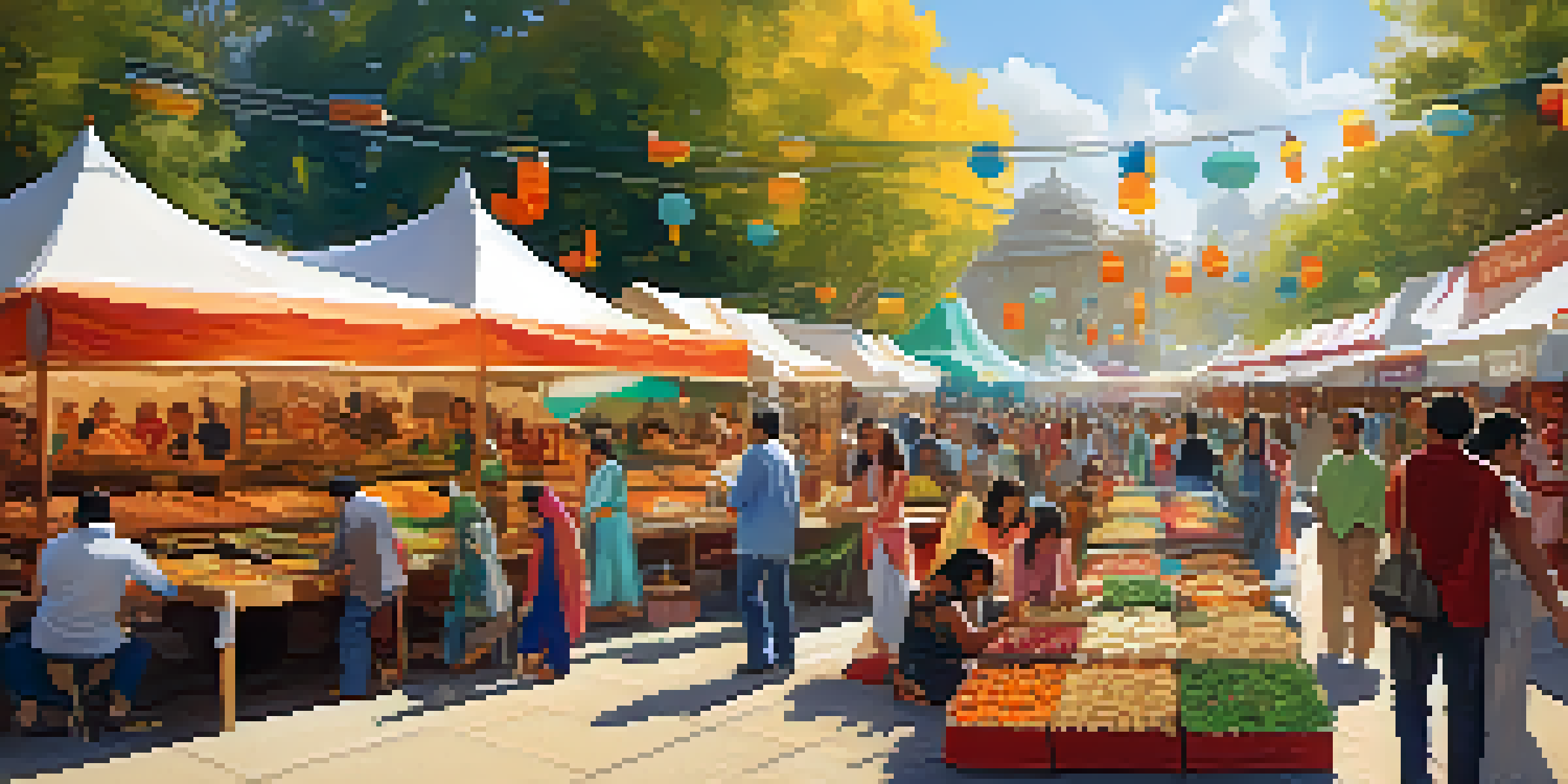 A lively food festival featuring diverse stalls with various cuisines, people enjoying food, and colorful decorations.