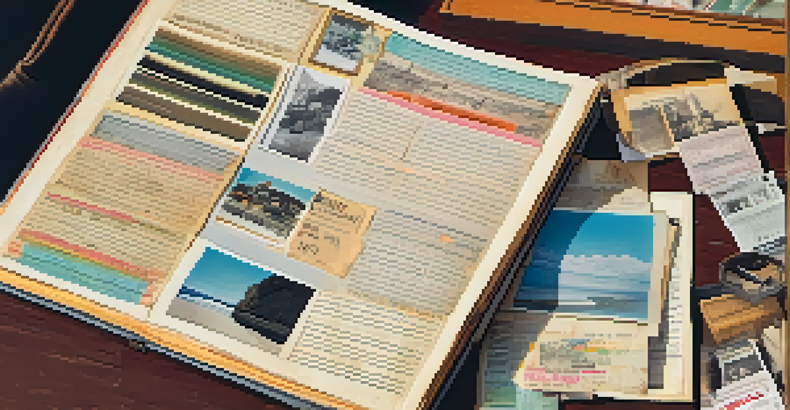 A vintage scrapbook opened to a page with photographs and ticket stubs, decorated with colorful elements under warm lighting.