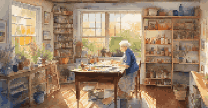 An elderly woman painting a colorful landscape in a bright art studio filled with natural light and art supplies.