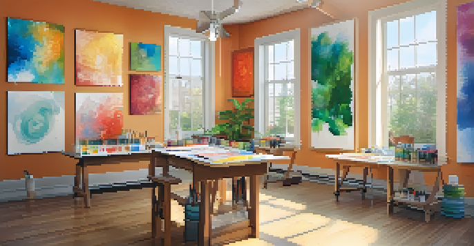 A bright and inviting art therapy room filled with art supplies and colorful participant artwork on the walls.