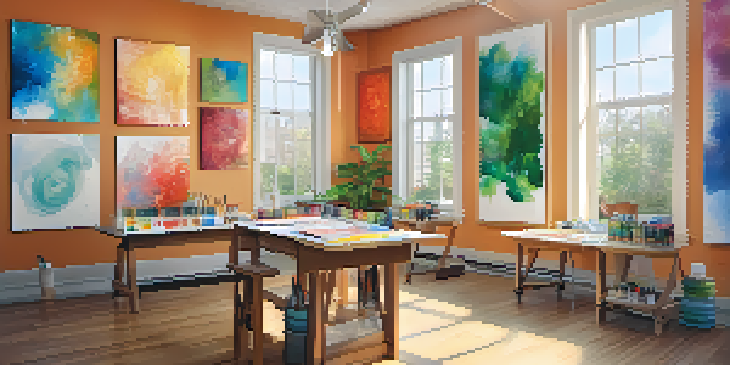 A bright and inviting art therapy room filled with art supplies and colorful participant artwork on the walls.