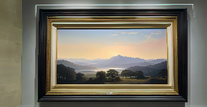 A restored historical painting in a modern art gallery, illuminated by soft natural light.
