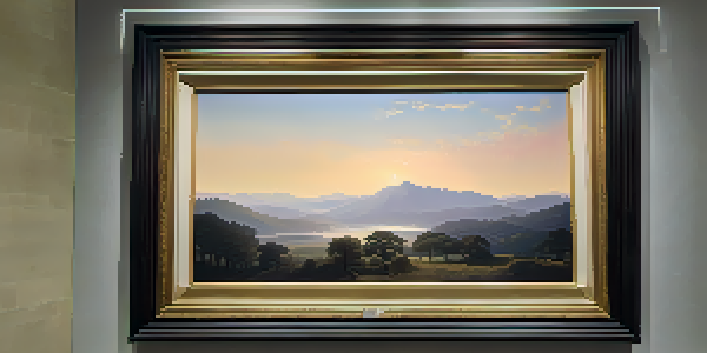 A restored historical painting in a modern art gallery, illuminated by soft natural light.