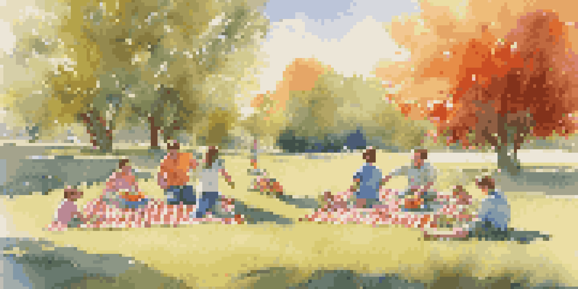 A colorful family picnic with children playing frisbee on a sunny day, surrounded by a picnic blanket with food.