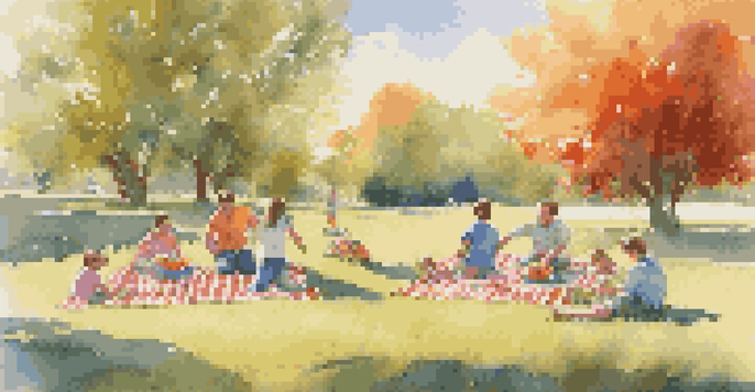 A colorful family picnic with children playing frisbee on a sunny day, surrounded by a picnic blanket with food.