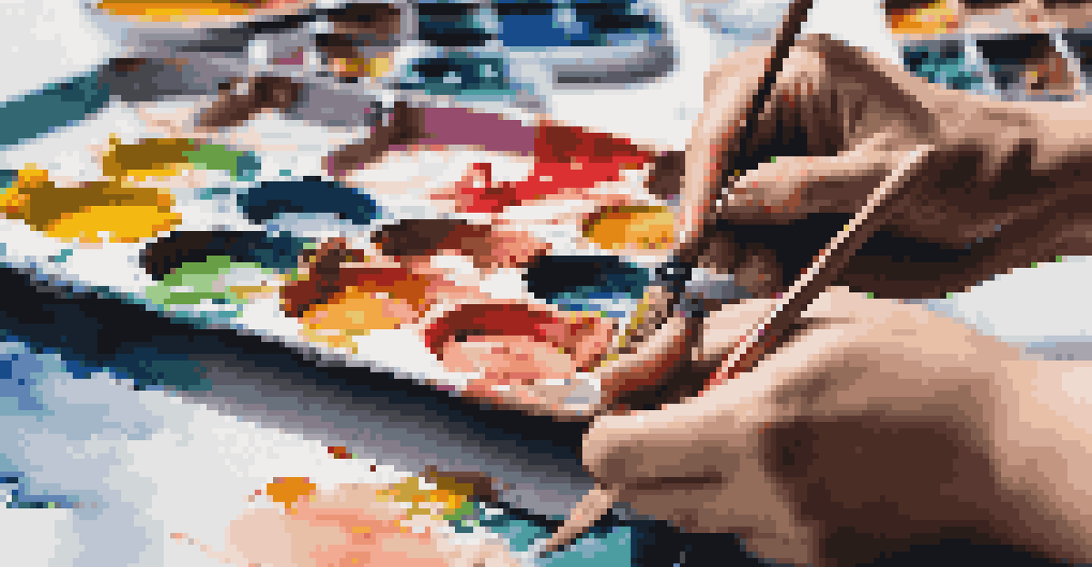 Close-up of an artist's hands painting on a canvas with vibrant colors, surrounded by a palette and brushes.