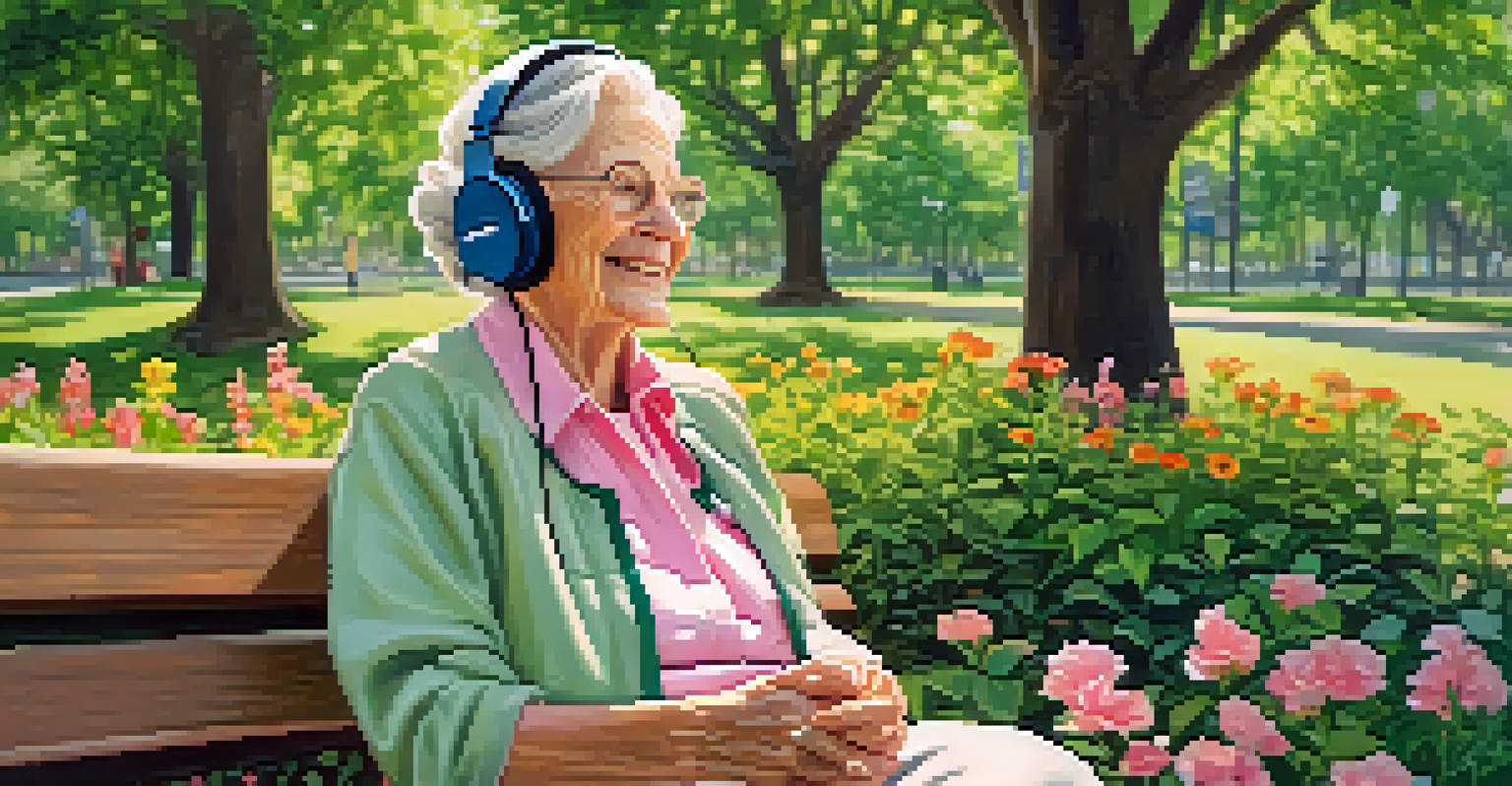 An elderly woman listening to music on a park bench, surrounded by nature.