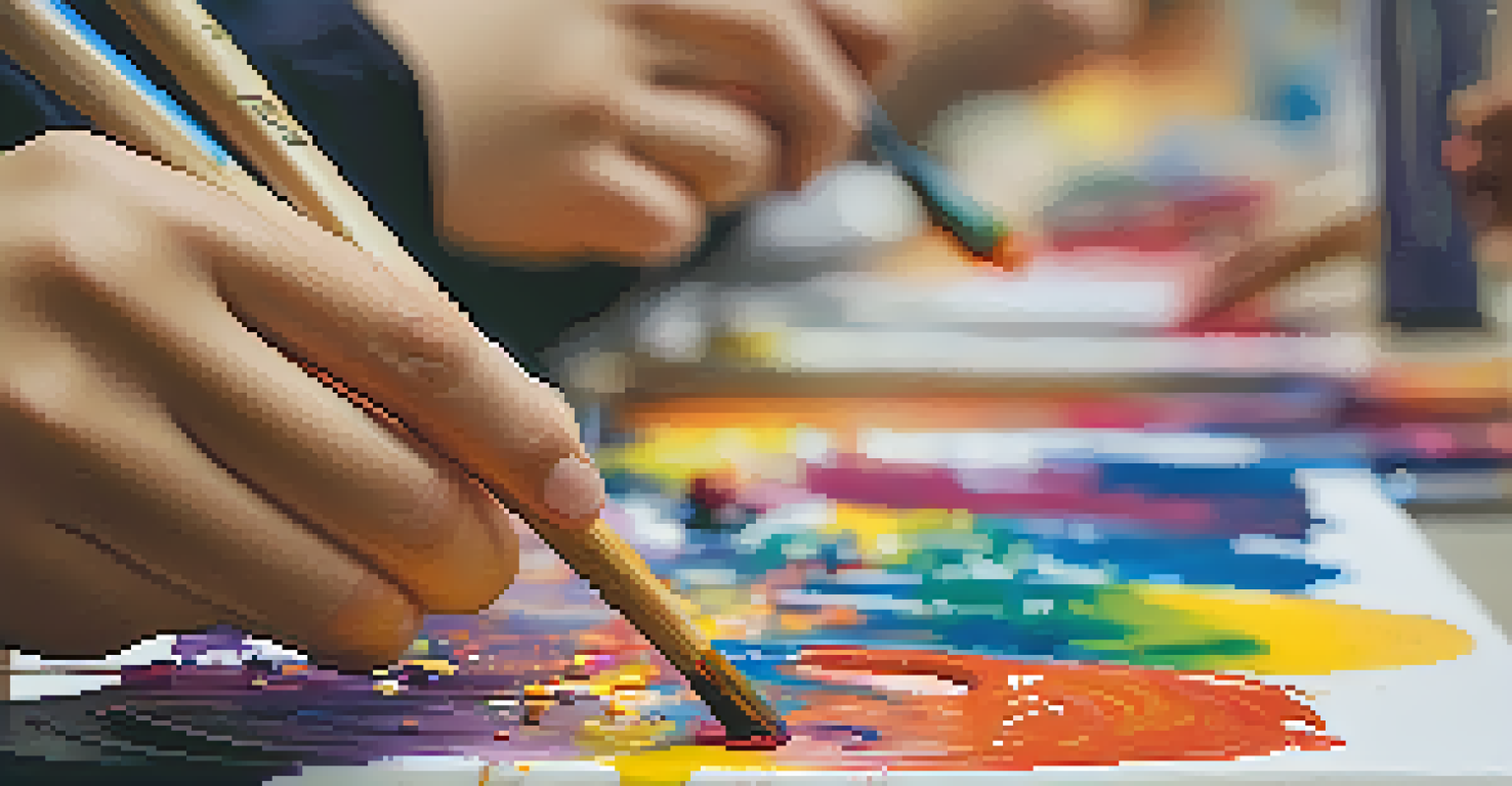 A close-up of a student's hands painting on a canvas, surrounded by splashes of vibrant colors.