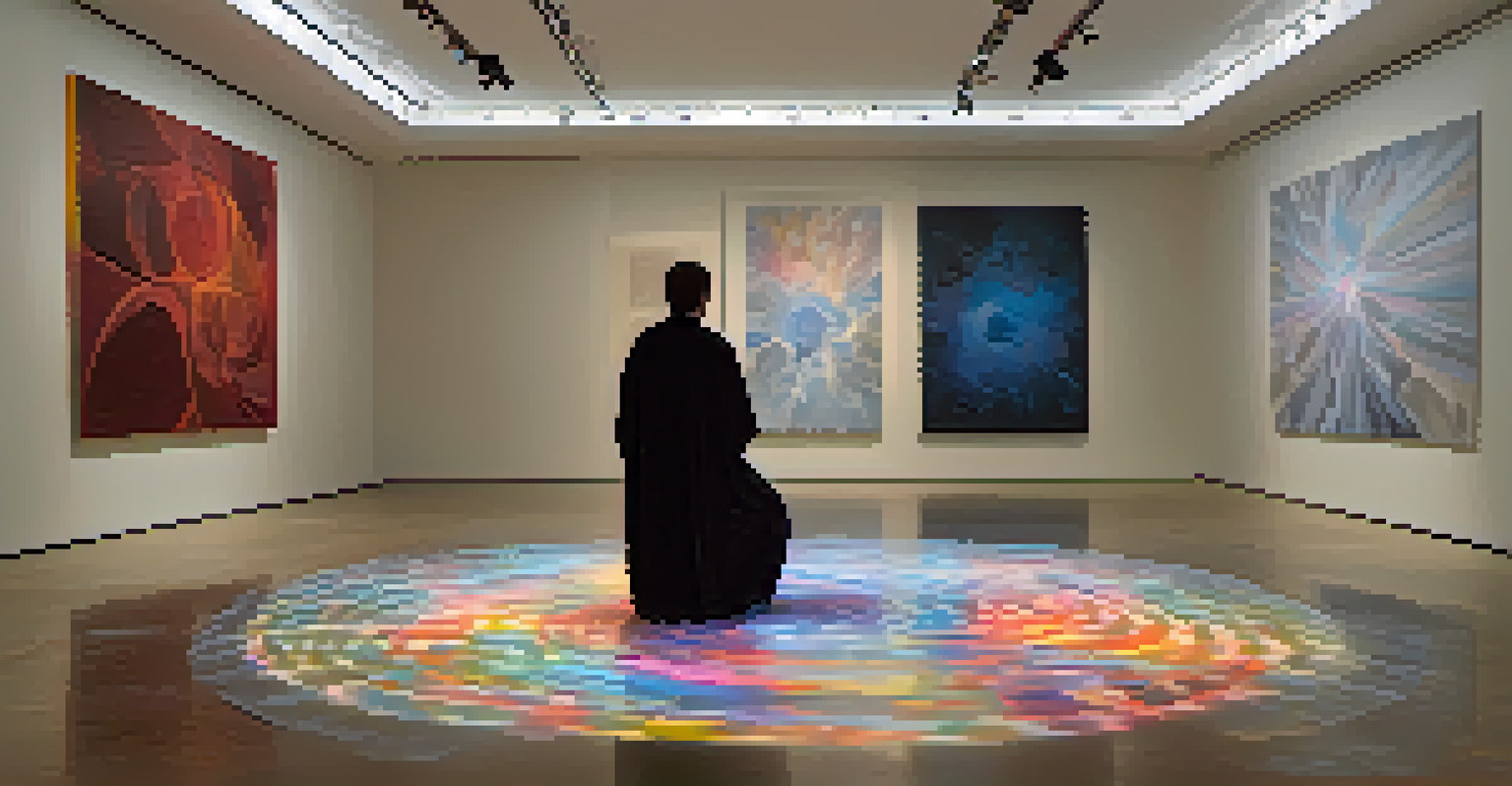 A solitary artist in a dimly lit gallery, engaged in a meditative pose with abstract visual projections around them.