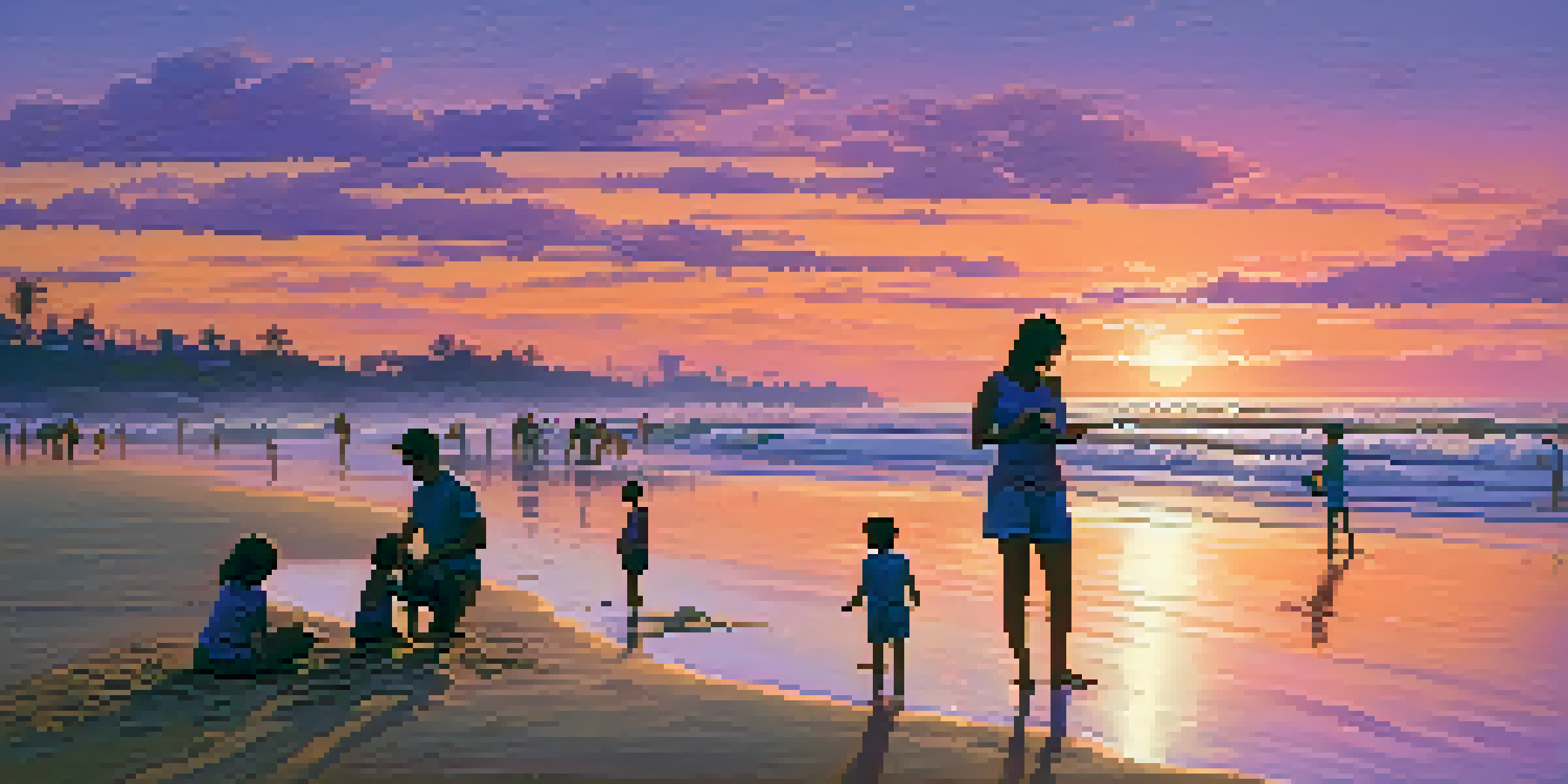 A beach at sunset with a family building a sandcastle, warm colors in the sky reflecting on the water.