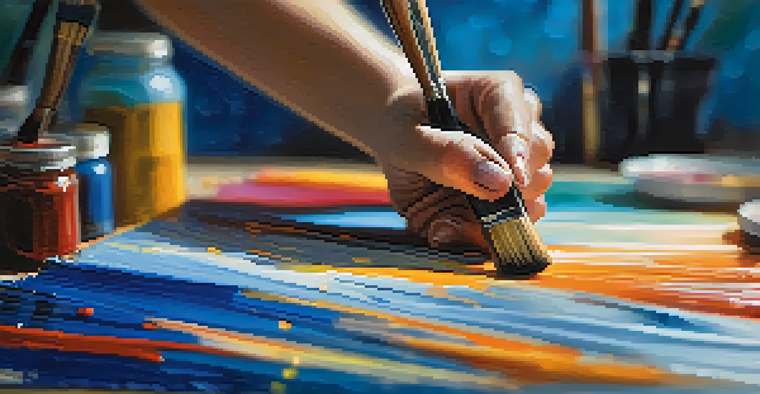 A close-up of a hand painting with a brush on a canvas, surrounded by colorful art supplies.