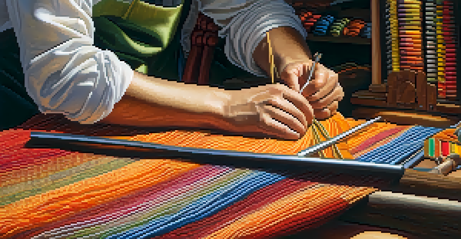 A close-up of a craftsperson working on traditional textiles with colorful threads.