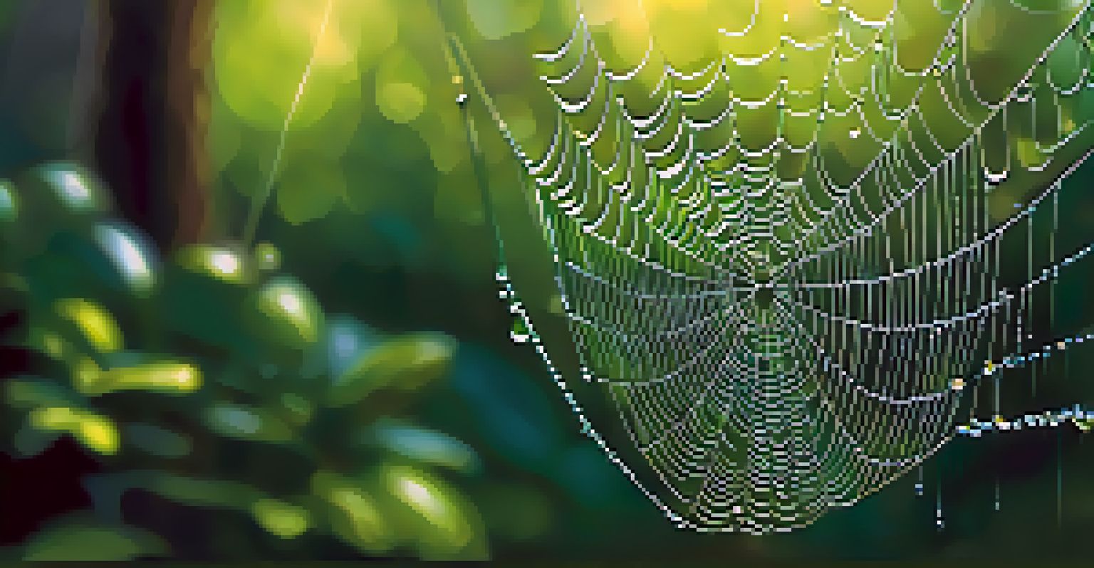 A detailed view of a spider web adorned with morning dew, sparkling in sunlight against a soft-focus green forest backdrop.