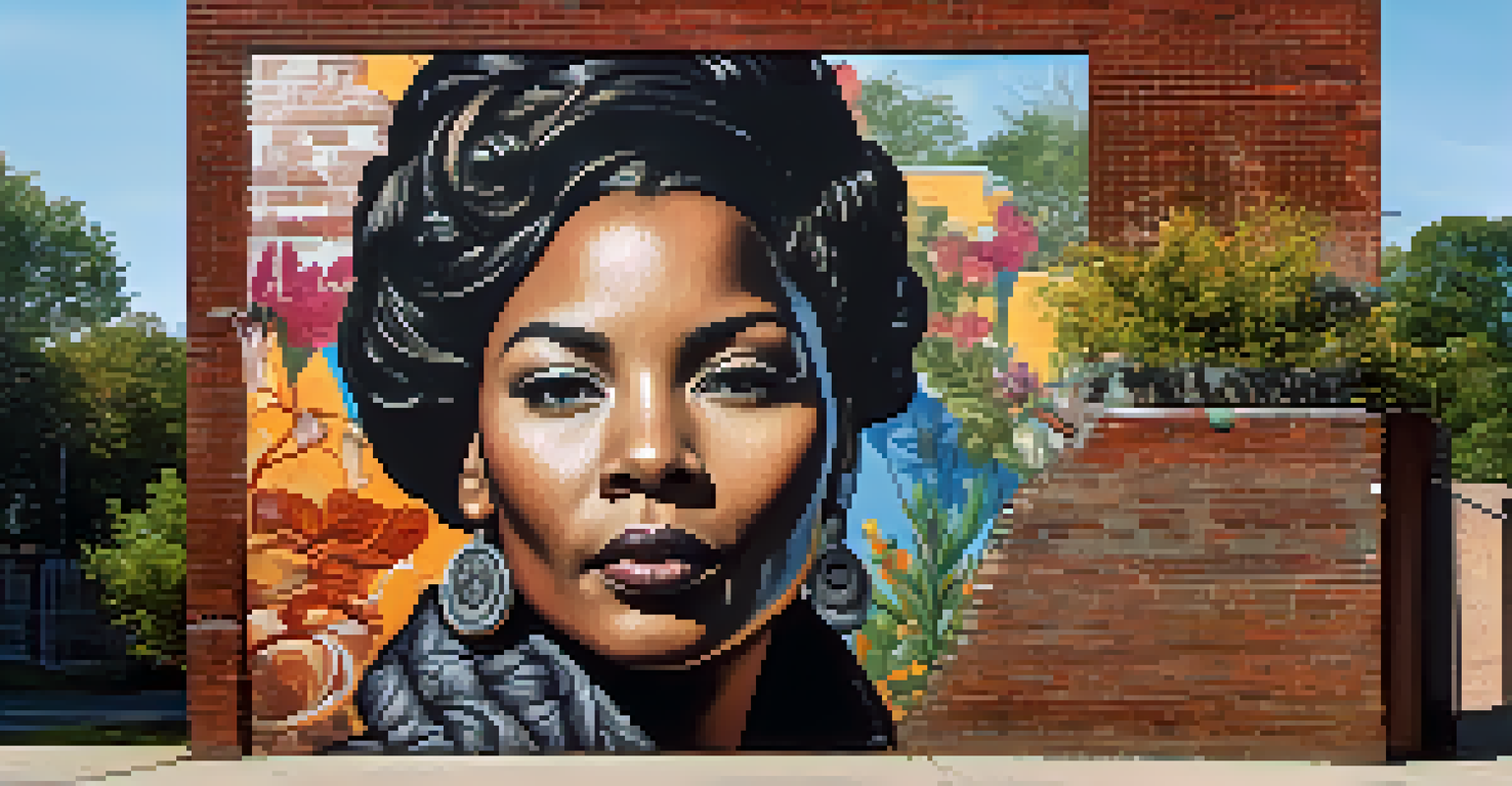 A detailed mural of a historical civil rights figure on a brick wall, surrounded by natural elements.